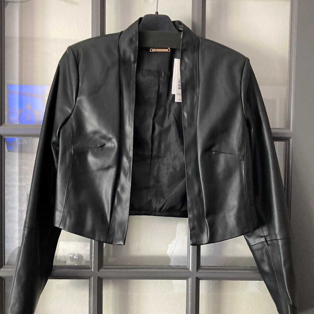 New Tahari Faux Leather Cropped Open Front Jacket